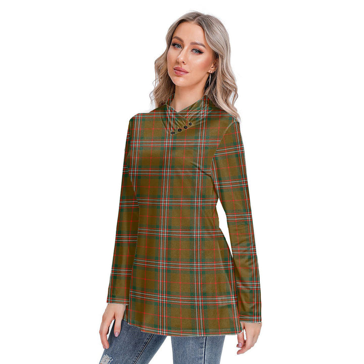 SCOTT BROWN MODERN Tartan Plaid Long-sleeved Heap-neck Slim Casual Tunic Blouse