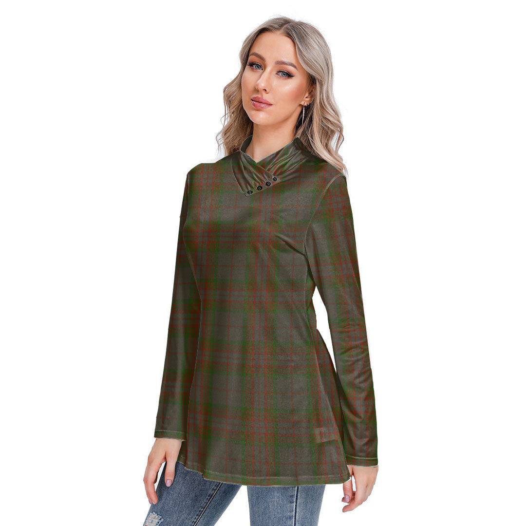 Gray Tartan Plaid Long-sleeved Heap-neck Slim Casual Tunic Blouse