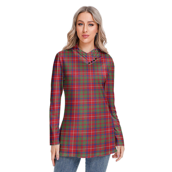 Shaw Red Modern Tartan Plaid Long-sleeved Heap-neck Slim Casual Tunic Blouse