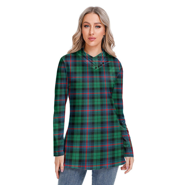 Urquhart Broad Red Ancient Tartan Plaid Long-sleeved Heap-neck Slim Casual Tunic Blouse