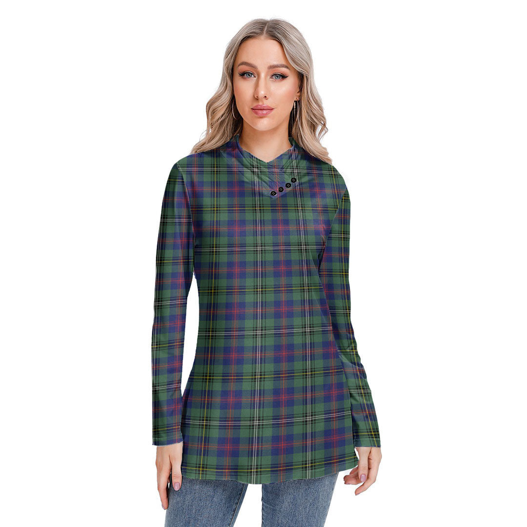 Wood Modern Tartan Plaid Long-sleeved Heap-neck Slim Casual Tunic Blouse