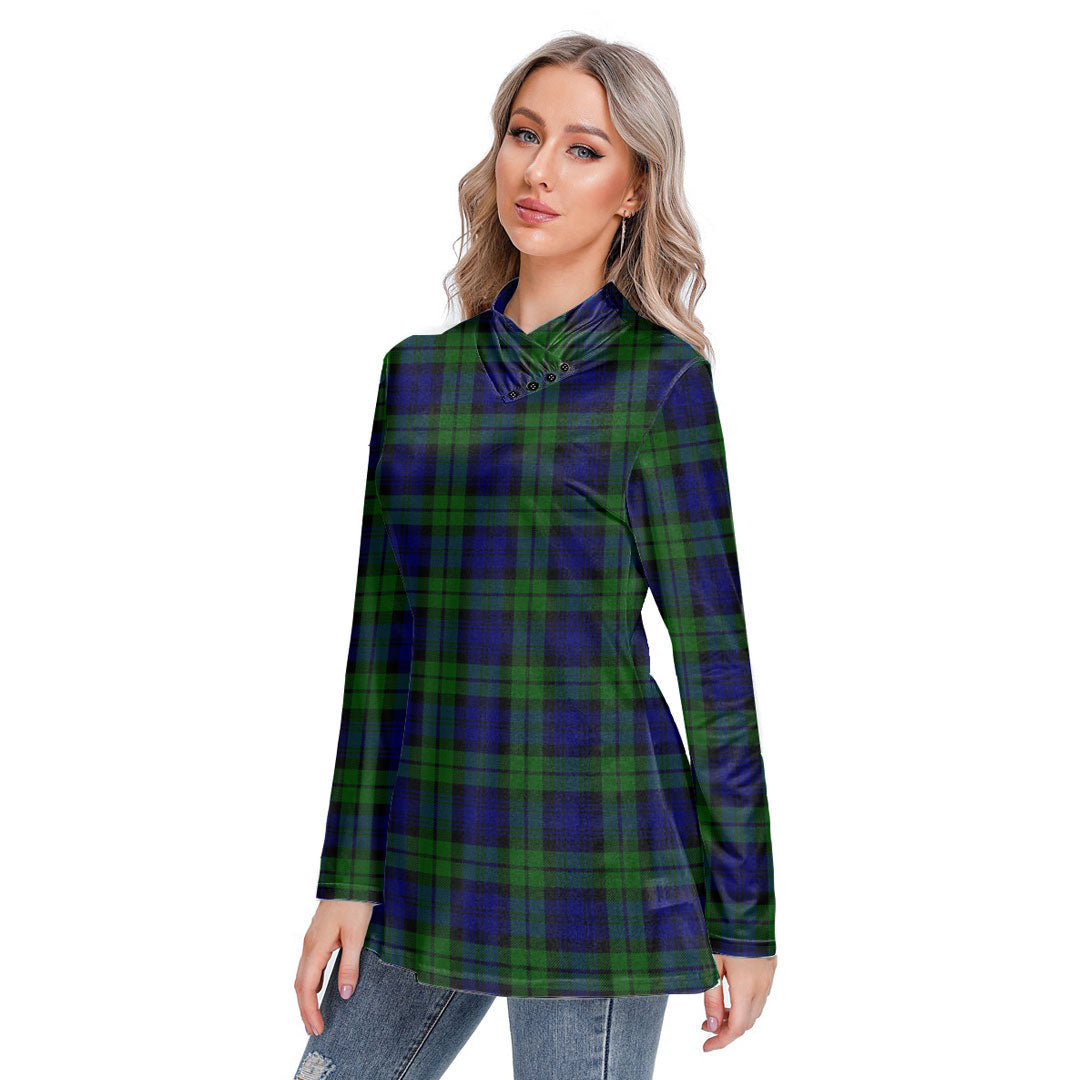 Campbell Modern Tartan Plaid Long-sleeved Heap-neck Slim Casual Tunic Blouse