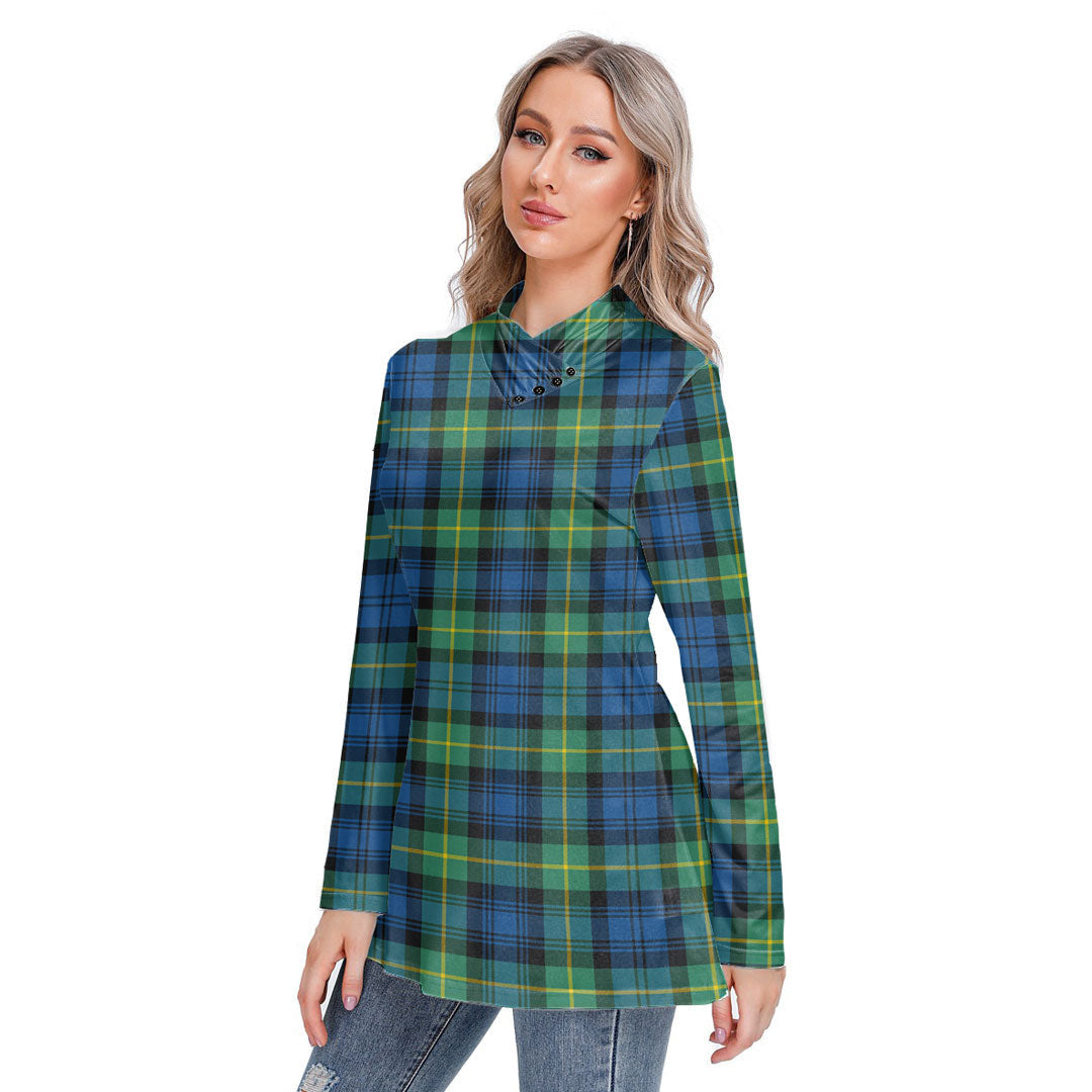 Gordon Ancient Tartan Plaid Long-sleeved Heap-neck Slim Casual Tunic Blouse