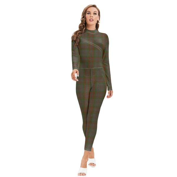 Gray Tartan Plaid Long-sleeved High-neck Jumpsuit