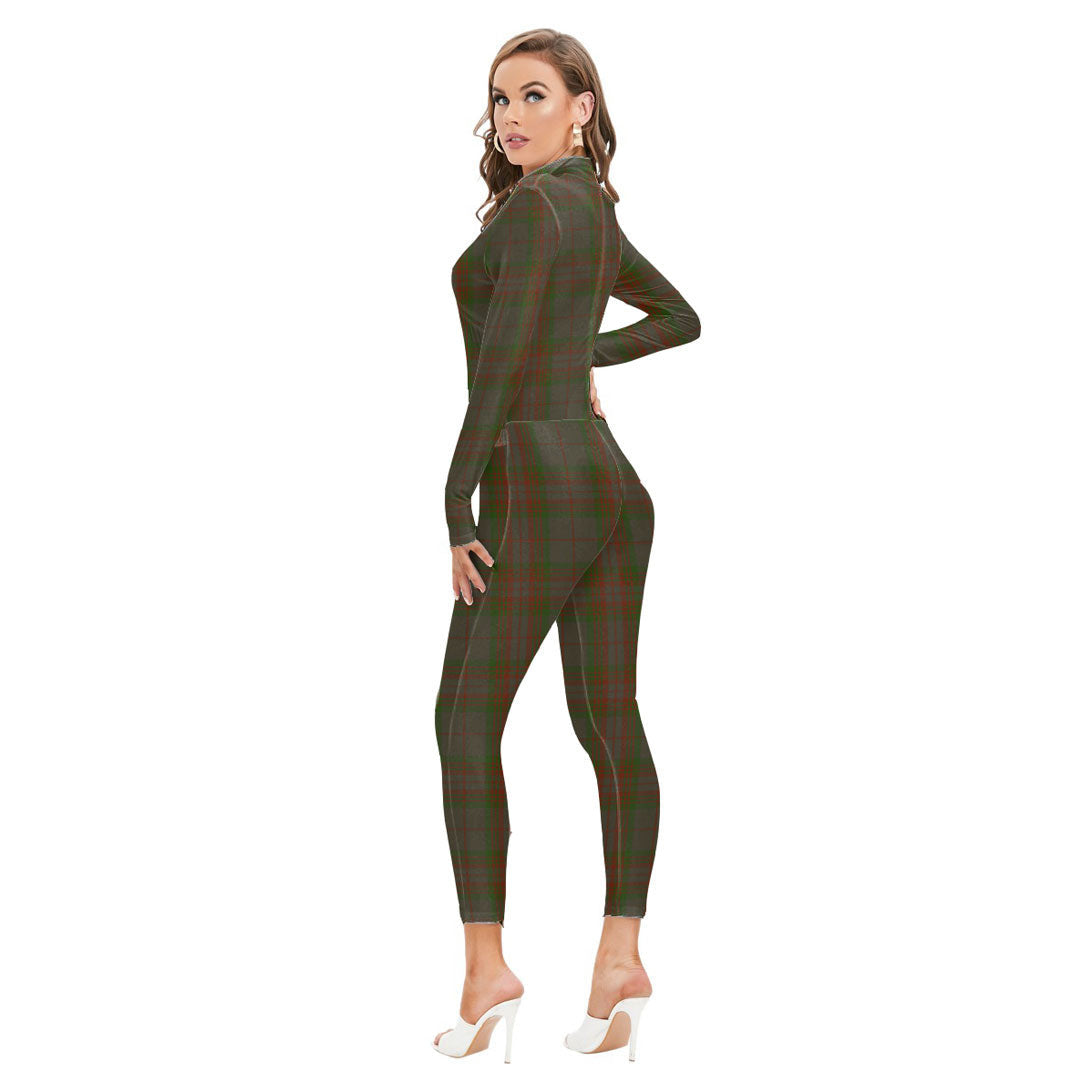 Gray Tartan Plaid Long-sleeved High-neck Jumpsuit