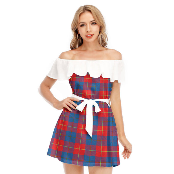 Galloway Red Tartan Plaid Off-shoulder Dress With Ruffle