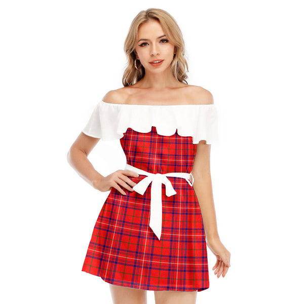 Rose Modern Tartan Plaid Off-shoulder Dress With Ruffle