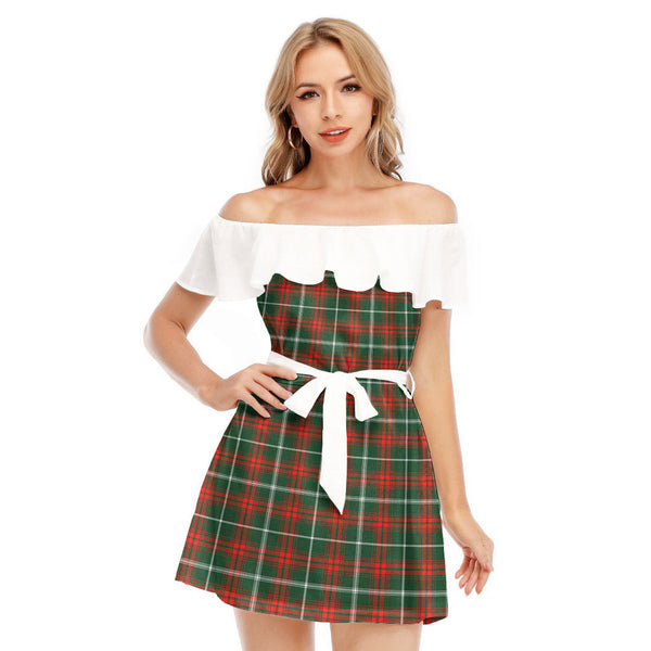Prince of Wales Tartan Plaid Off-shoulder Dress With Ruffle