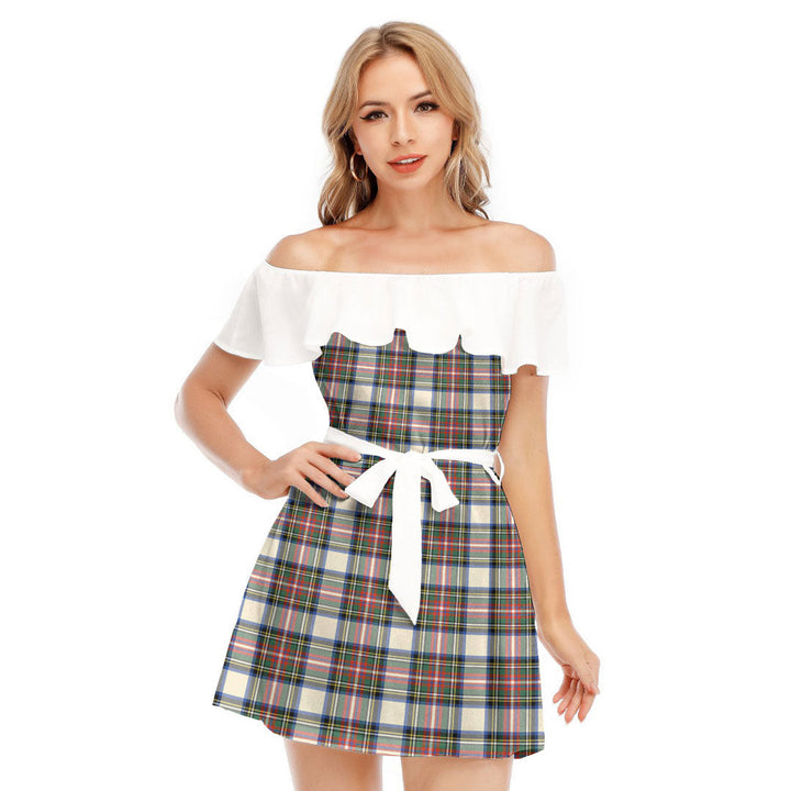 Stewart Dress Ancient Tartan Plaid Off-shoulder Dress With Ruffle