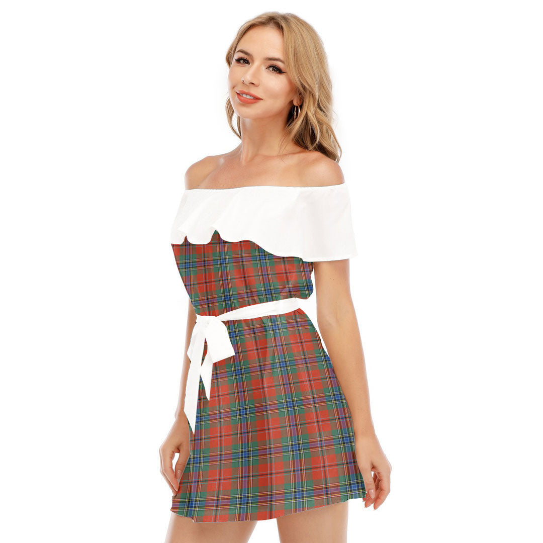 MacLean of Duart Ancient Tartan Plaid Off-shoulder Dress With Ruffle