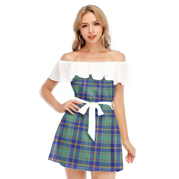 US Marine Tartan Plaid Off-shoulder Dress With Ruffle