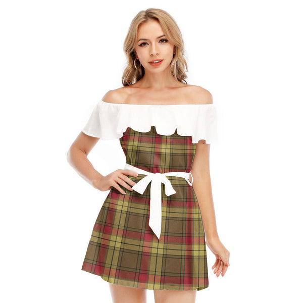 MacMillan Old Weathered Tartan Plaid Off-shoulder Dress With Ruffle