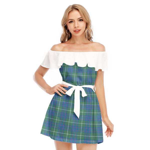 MacIntyre Hunting Ancient Tartan Plaid Off-shoulder Dress With Ruffle