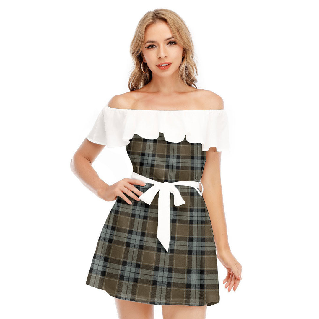 Graham of Menteith Weathered Tartan Plaid Off-shoulder Dress With Ruffle