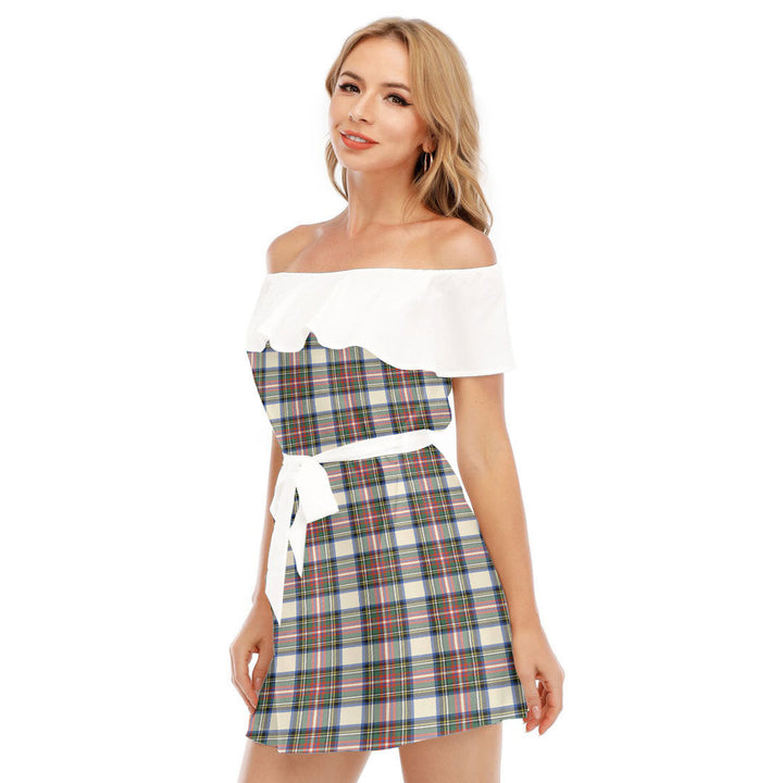 Stewart Dress Ancient Tartan Plaid Off-shoulder Dress With Ruffle