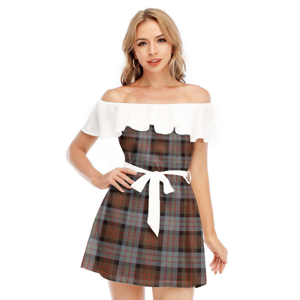 Cameron of Erracht Weathered Tartan Plaid Off-shoulder Dress With Ruffle