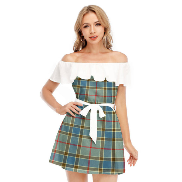 Balfour Blue Tartan Plaid Off-shoulder Dress With Ruffle
