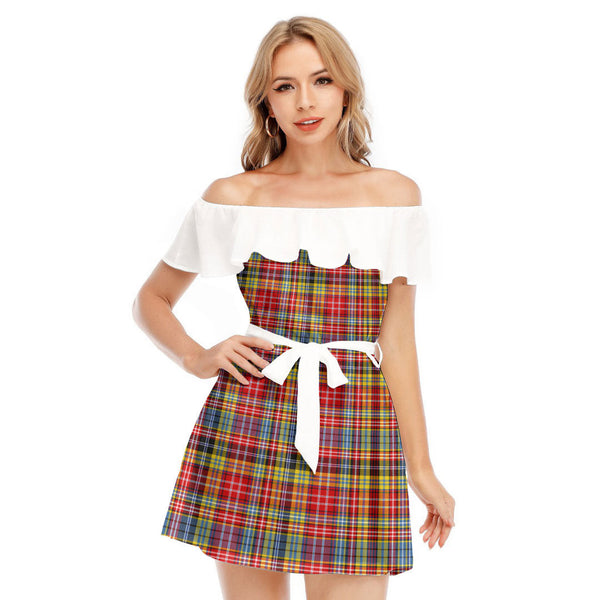 Ogilvie of Airlie Ancient Tartan Plaid Off-shoulder Dress With Ruffle