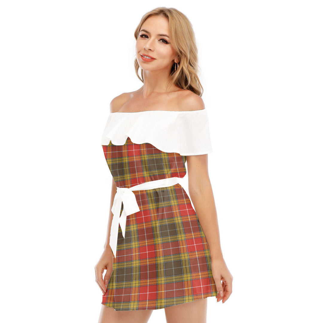 Buchanan Old Set Weathered Tartan Plaid Off-shoulder Dress With Ruffle