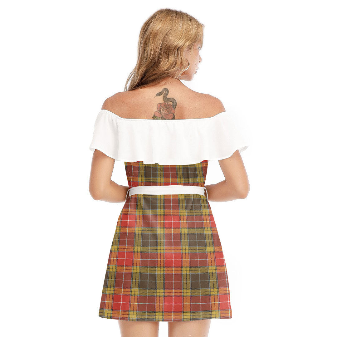 Buchanan Old Set Weathered Tartan Plaid Off-shoulder Dress With Ruffle