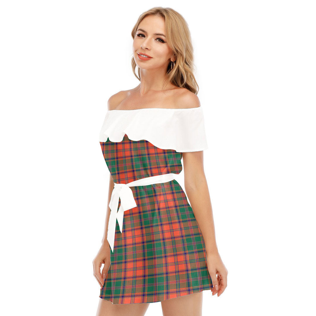Stewart of Appin Ancient Tartan Plaid Off-shoulder Dress With Ruffle