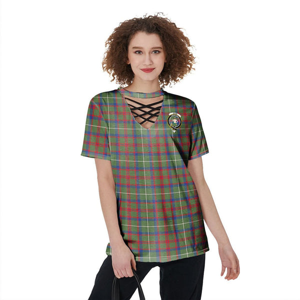 Shaw Green Modern Tartan Crest V-Neck String Short Sleeve Shirt