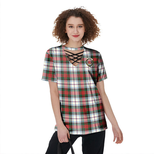 MacDuff Dress Modern Tartan Crest V-Neck String Short Sleeve Shirt