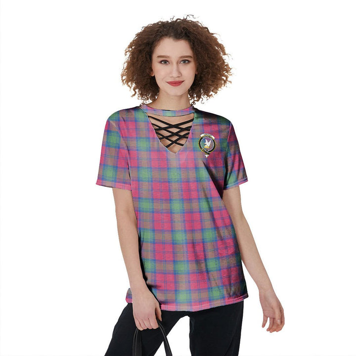 Lindsay Ancient Tartan Crest V-Neck String Short Sleeve Shirt