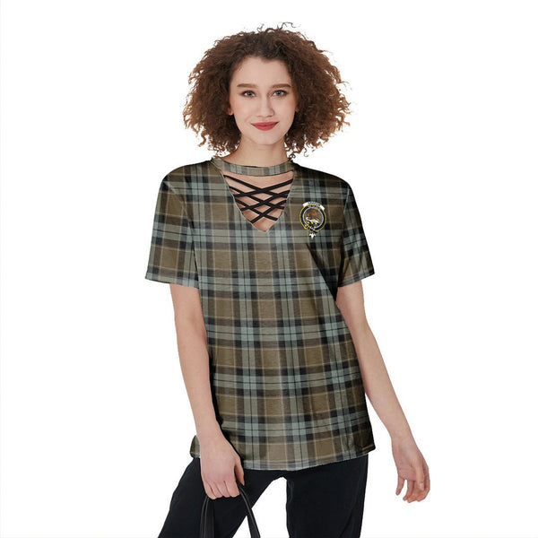 Graham of Menteith Weathered Tartan Crest V-Neck String Short Sleeve Shirt