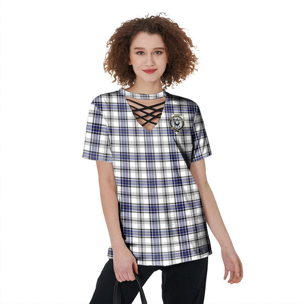 Hannay Modern Tartan Crest V-Neck String Short Sleeve Shirt