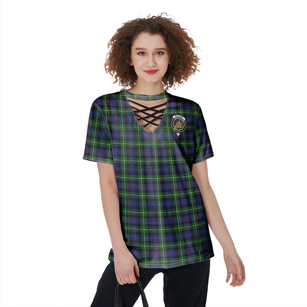 MacKenzie Modern Tartan Crest V-Neck String Short Sleeve Shirt