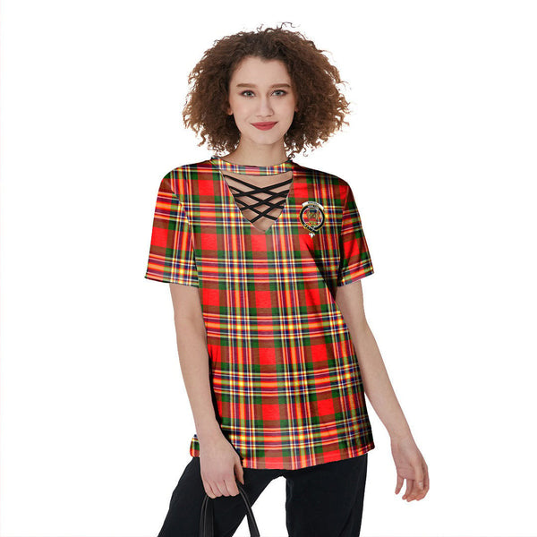 MacGill Modern Tartan Crest V-Neck String Short Sleeve Shirt