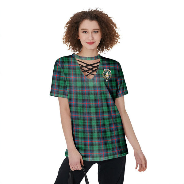 Urquhart Broad Red Ancient Tartan Crest V-Neck String Short Sleeve Shirt