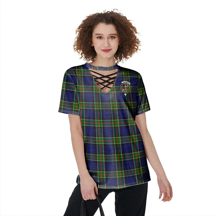 Colquhoun Modern Tartan Crest V-Neck String Short Sleeve Shirt