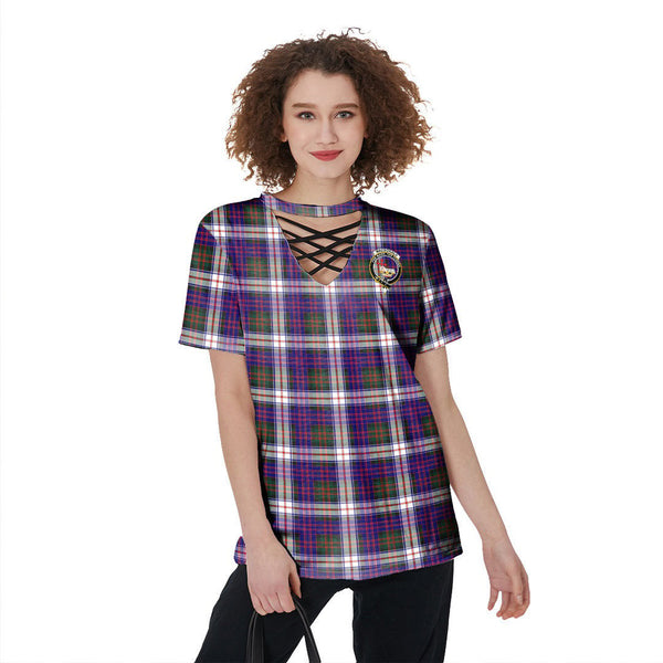MacDonald Dress Modern Tartan Crest V-Neck String Short Sleeve Shirt