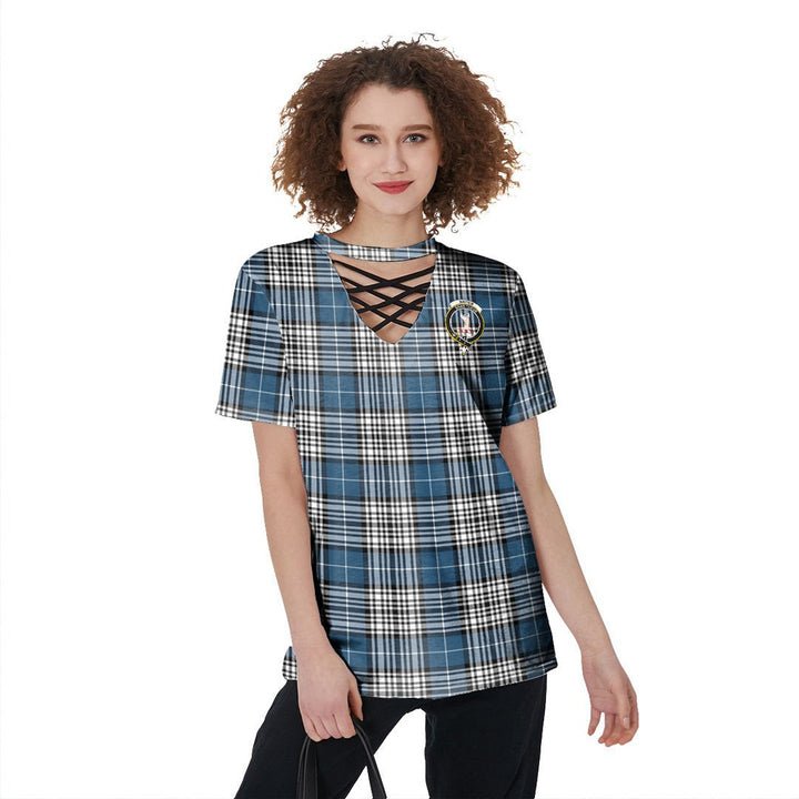 Napier Modern Tartan Crest V-Neck String Short Sleeve Shirt