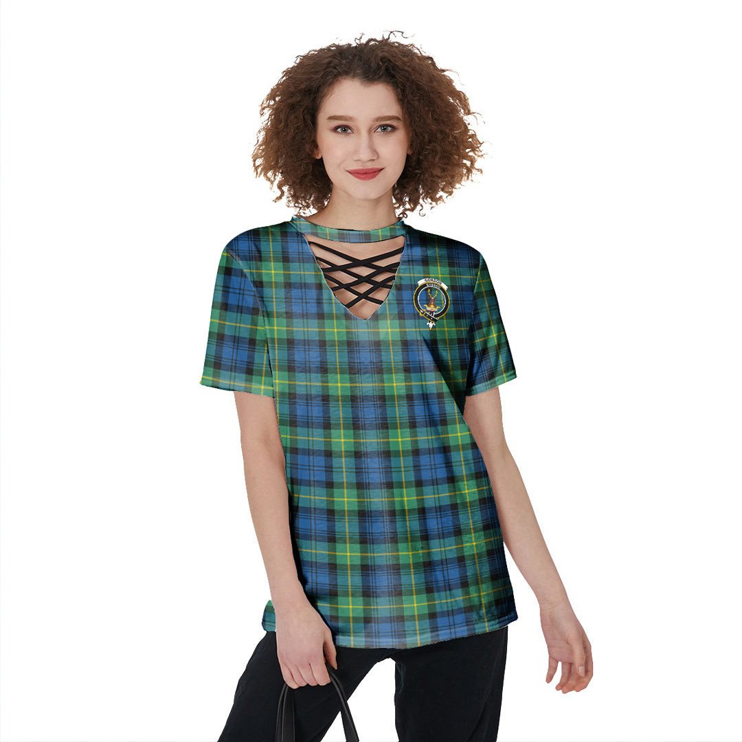 Gordon Ancient Tartan Crest V-Neck String Short Sleeve Shirt