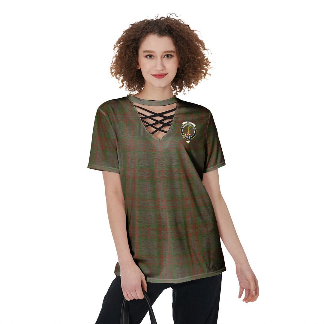 Gray Tartan Crest V-Neck String Short Sleeve Shirt