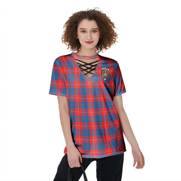 Galloway Red Tartan Crest V-Neck String Short Sleeve Shirt
