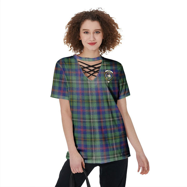 Wood Modern Tartan Crest V-Neck String Short Sleeve Shirt