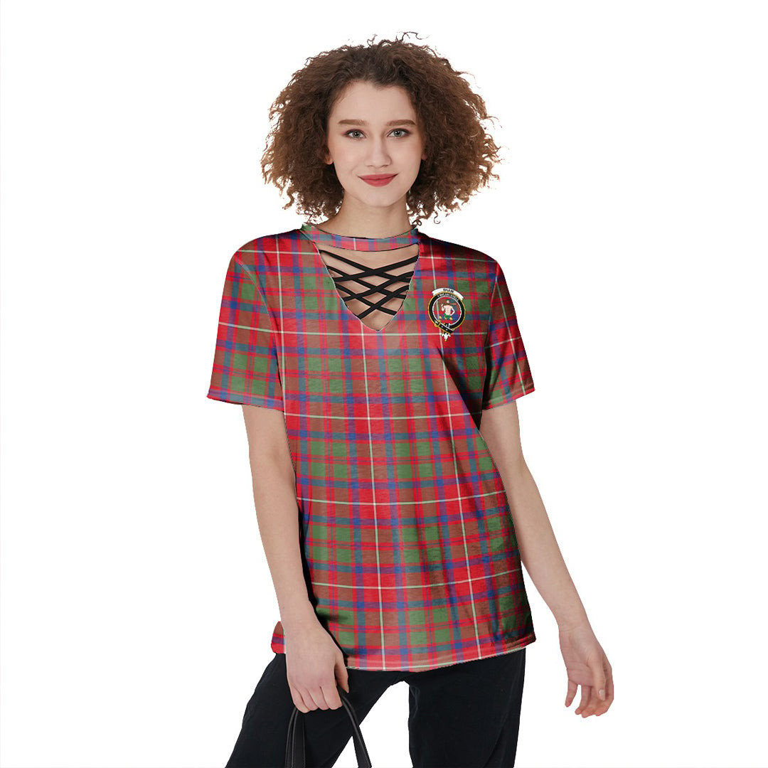 Shaw Red Modern Tartan Crest V-Neck String Short Sleeve Shirt