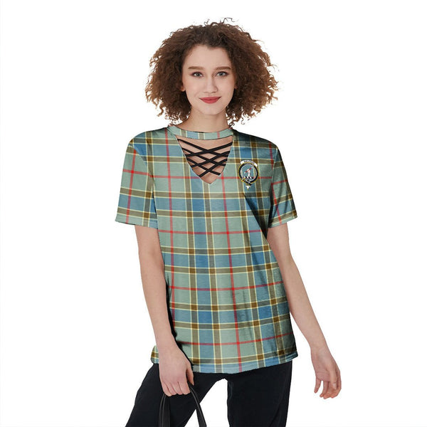 Balfour Blue Tartan Crest V-Neck String Short Sleeve Shirt
