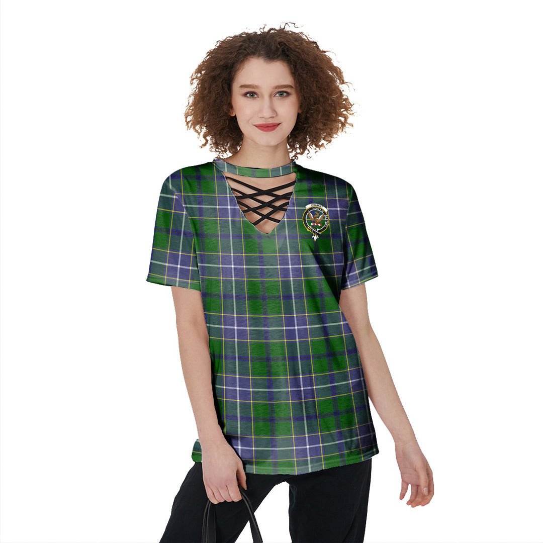 Wishart Hunting Modern Tartan Crest V-Neck String Short Sleeve Shirt