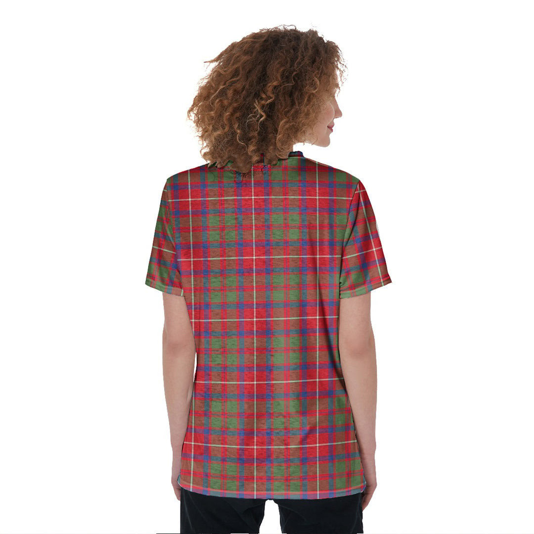 Shaw Red Modern Tartan Crest V-Neck String Short Sleeve Shirt