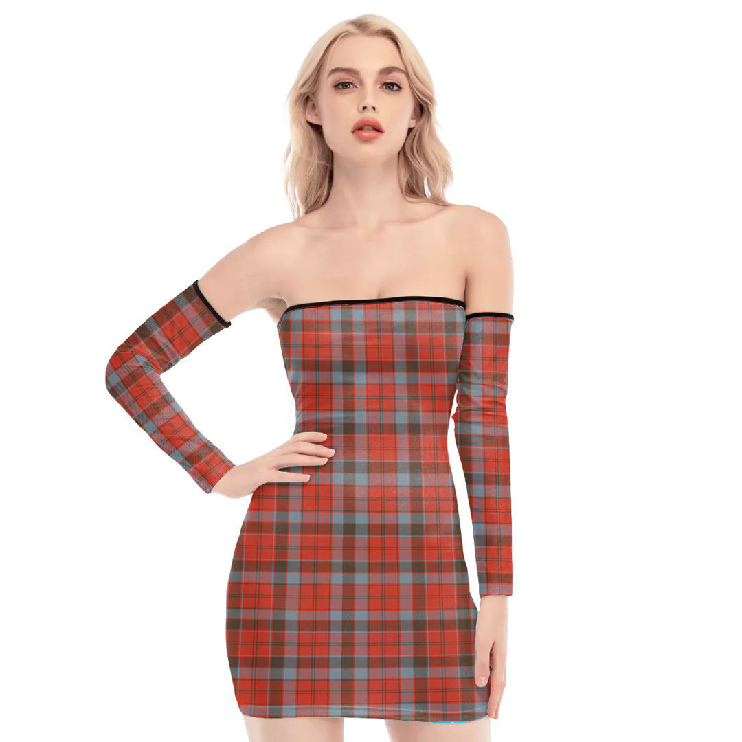 Robertson Weathered Tartan Plaid Off-Shoulder Back Lace-Up Dress