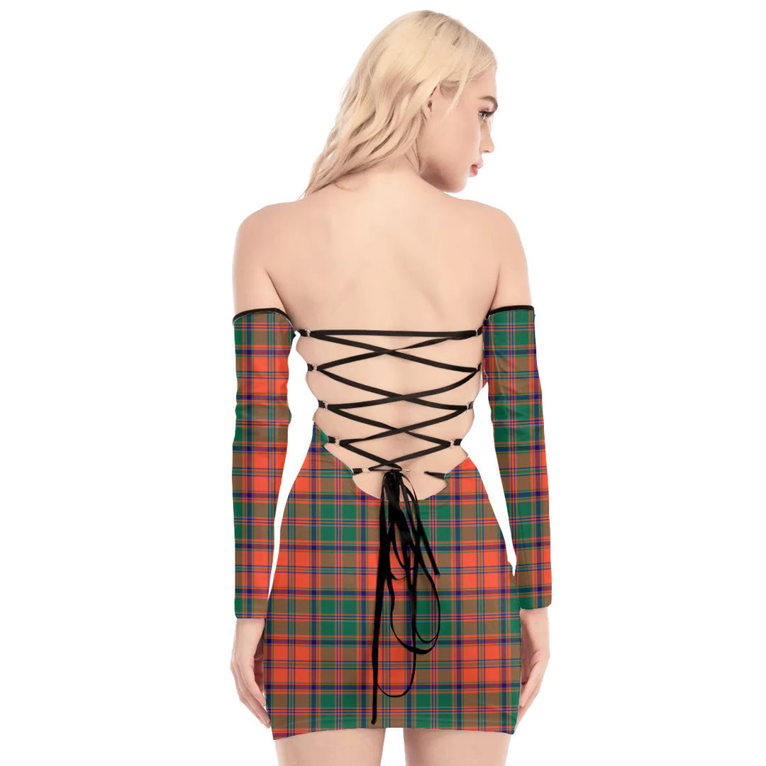 Stewart of Appin Ancient Tartan Plaid Off-Shoulder Back Lace-Up Dress