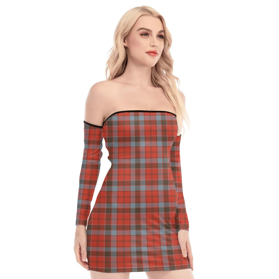 Robertson Weathered Tartan Plaid Off-Shoulder Back Lace-Up Dress