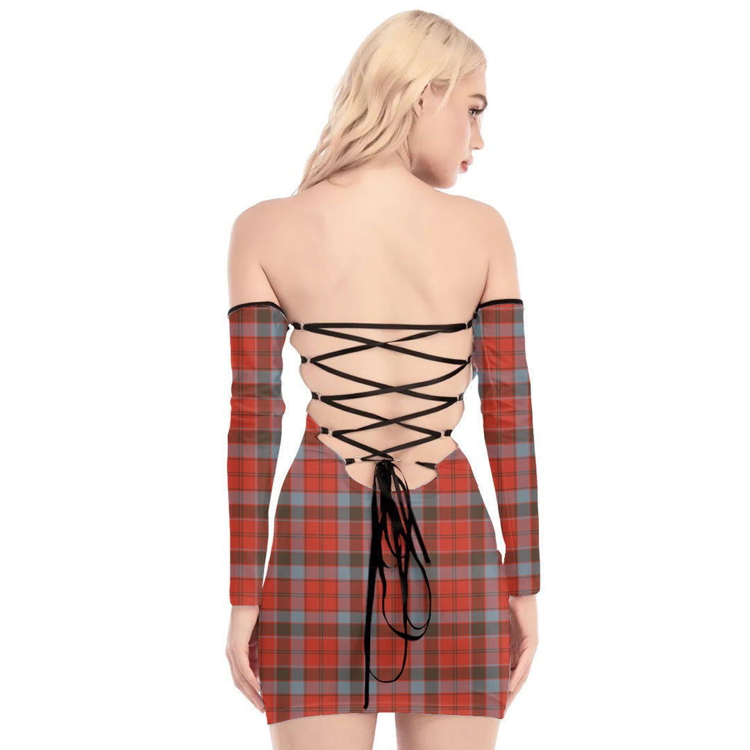 Robertson Weathered Tartan Plaid Off-Shoulder Back Lace-Up Dress