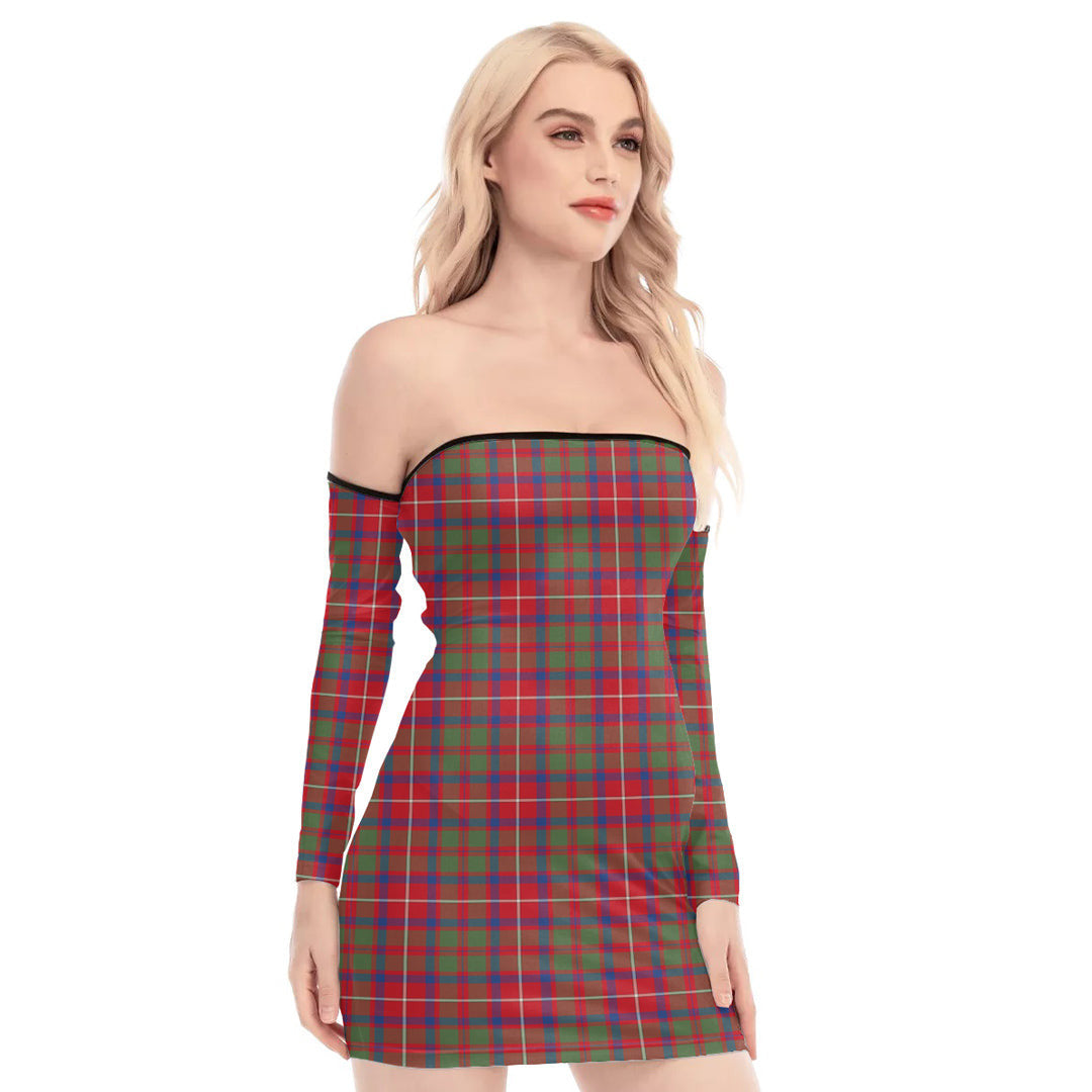 Shaw Red Modern Tartan Plaid Off-Shoulder Back Lace-Up Dress