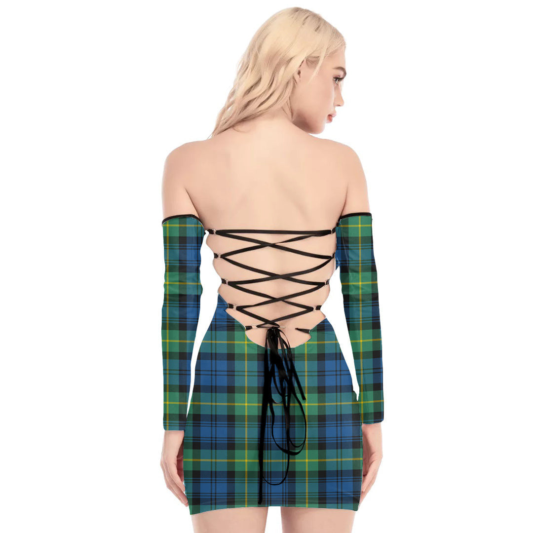 Gordon Ancient Tartan Plaid Off-Shoulder Back Lace-Up Dress